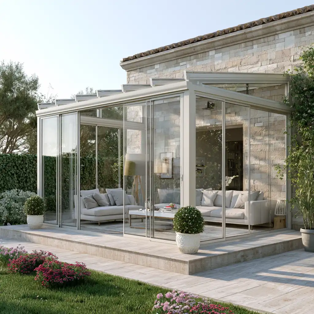 Galería acristalada de aluminio blanco en el jardín de una vivienda zamorana