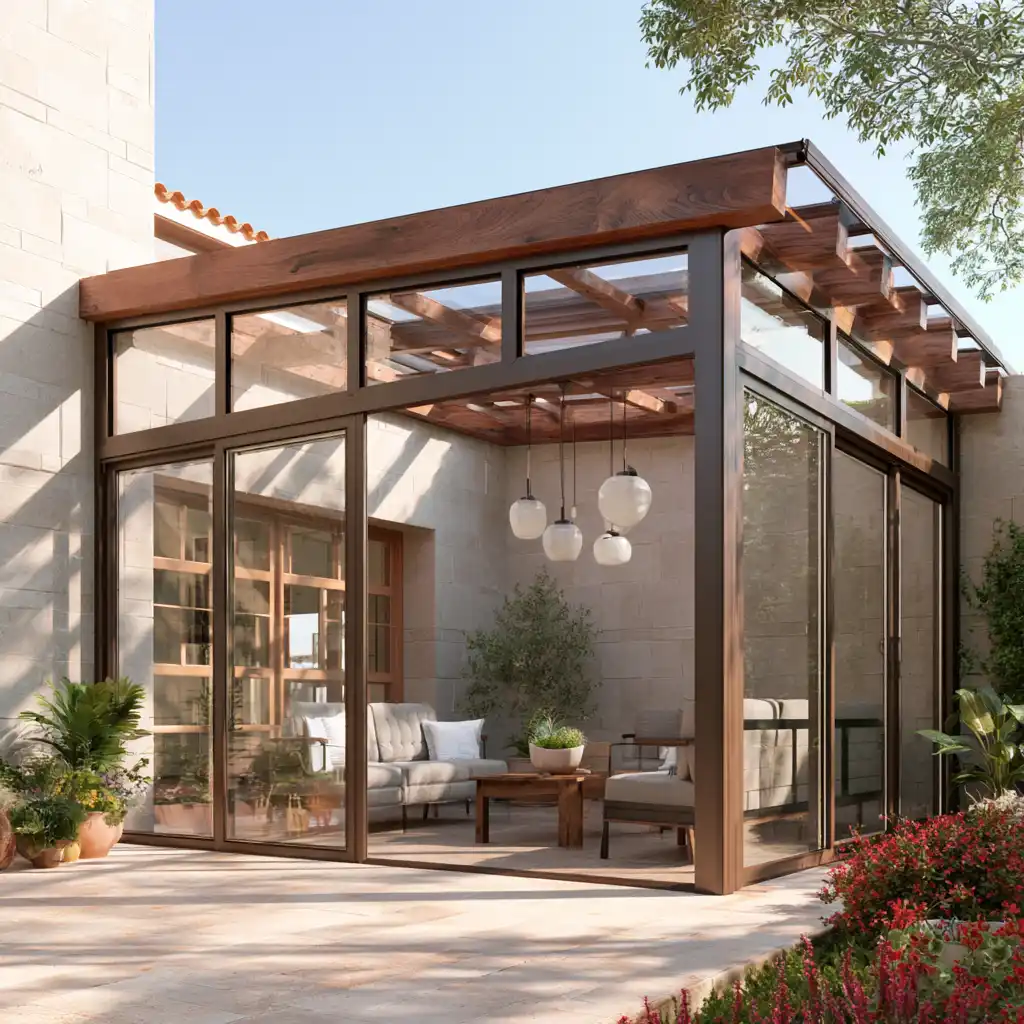 Cerramiento de terraza con estructura de madera y cristal en Zamora